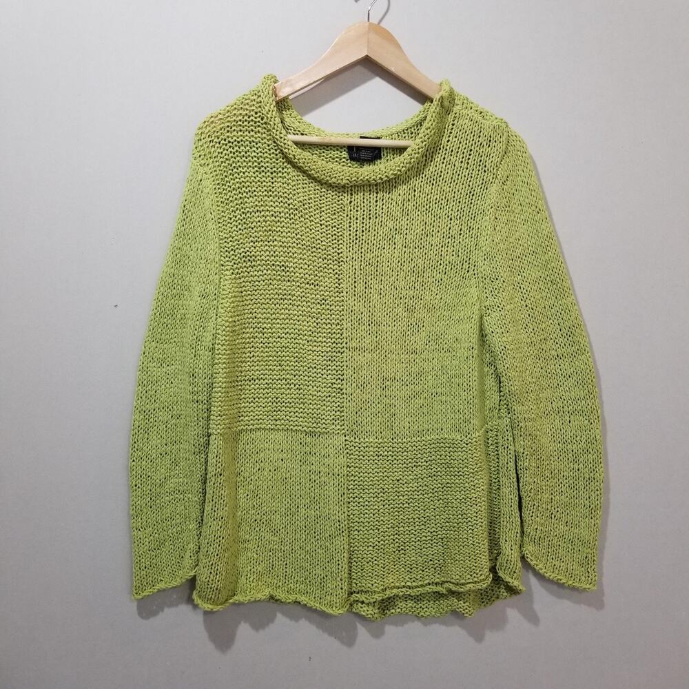 Pure Handknit Sweater Womens XS/S Green Patchwork Knit Cotton Blend Lagenlook